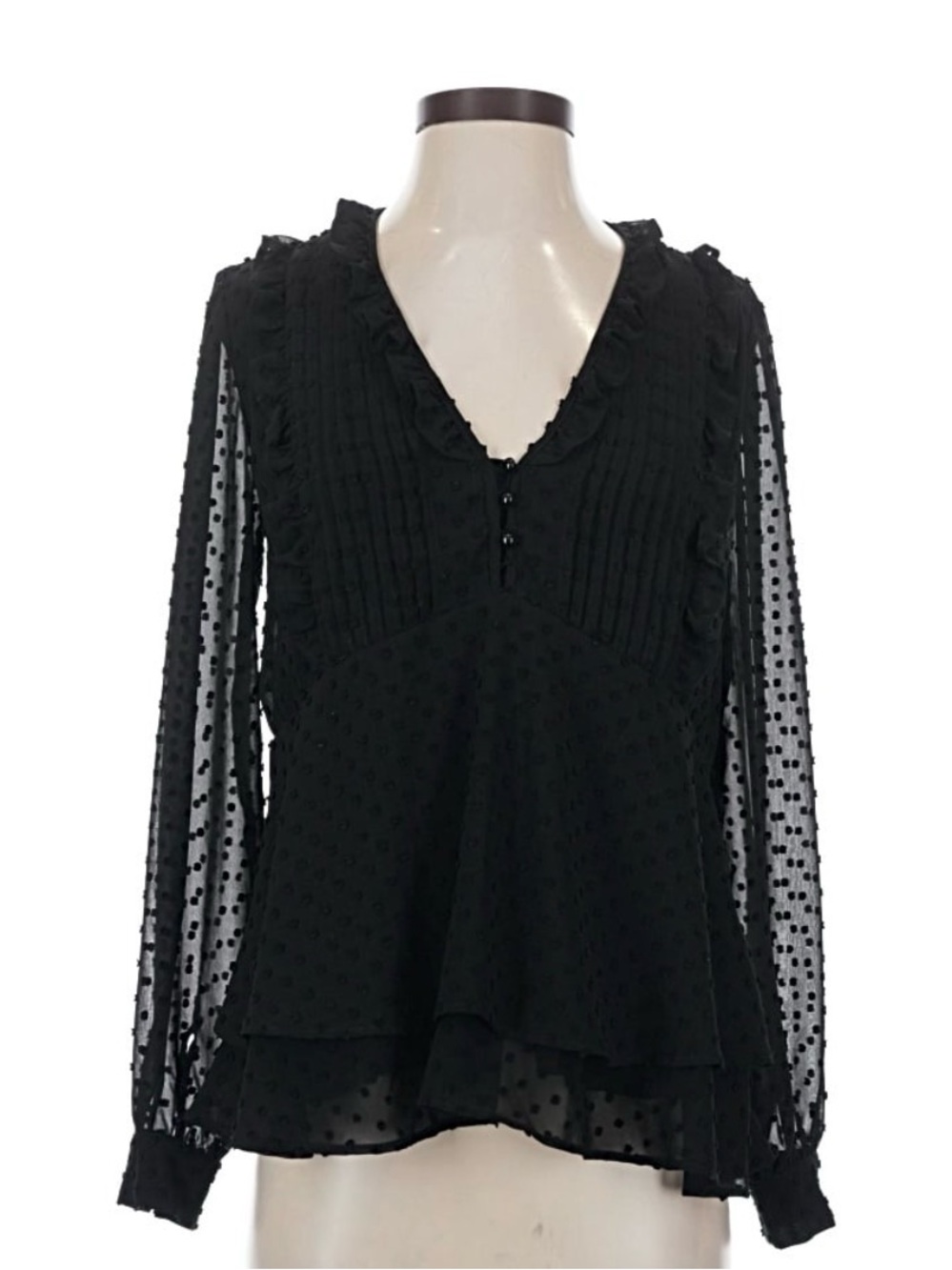 Sezane Black Sheer Swiss Dot V-Neck Peplum Blouse